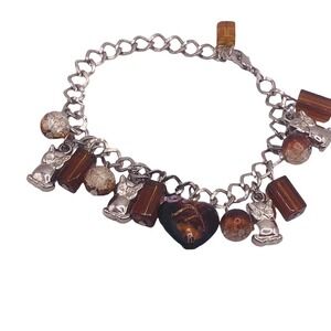 Owl Drop Charm Brown Glass Heart Beads Silver Plated 9” Bracelet Anklet NWOT